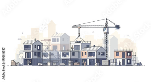 Flat Design Vector Illustration of a Busy Construction Site with Crane, Modular Houses, and Workers in an Urban Environment