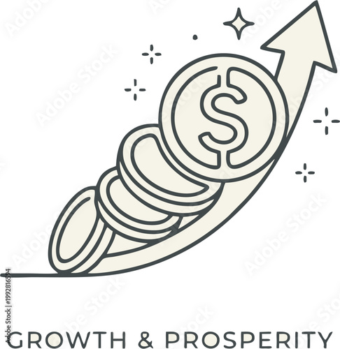 Professional vector line art illustration featuring stacking dollar coins with an upward rising arrow and stars, representing financial growth, economic prosperity, successful investment strategies, b