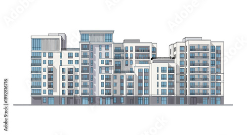 Modern Apartment Building Illustration - Architectural Elevation of Residential Housing Complex Isolated on White Background