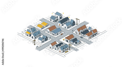Isometric Suburban Neighborhood Illustration with Residential Houses, Streets, and Construction Cranes - Minimalist Urban Planning and Real Estate Development Concept