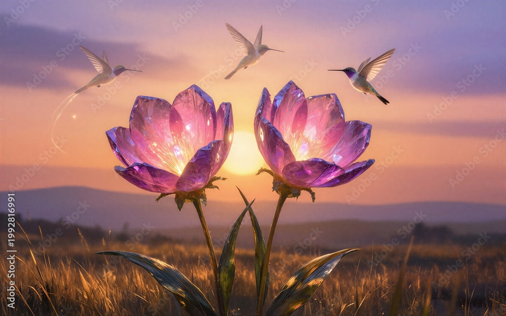 Fototapeta premium Magical hummingbirds dance around glowing purple flowers at golden