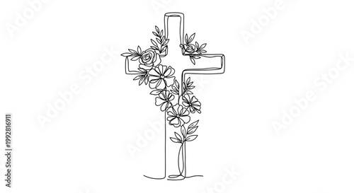 Elegant Line Art Cross with Floral Embellishments - Christian Symbol