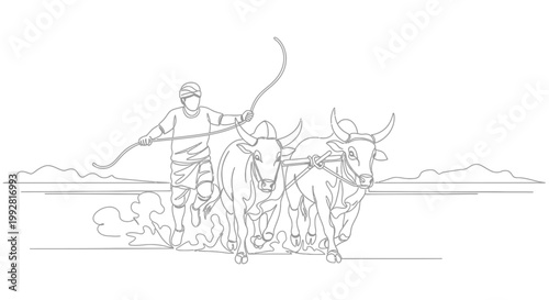 Farmer Plowing Field with Oxen