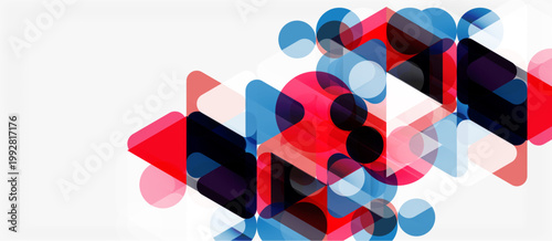 Abstract geometric shapes overlap, creating vibrant color blends. Red, blue, pink hues dominate white background. Modern design element.