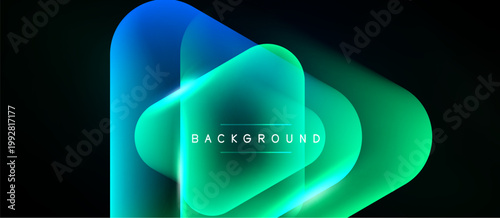 Abstract shapes overlap, creating vibrant bluegreen gradient effect. Text BACKGROUND centered within design. Dark backdrop enhances luminosity.