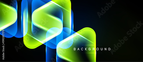 Abstract neon shapes overlap, creating vibrant glow effect. Dark background emphasizes bright colors, modern design element.