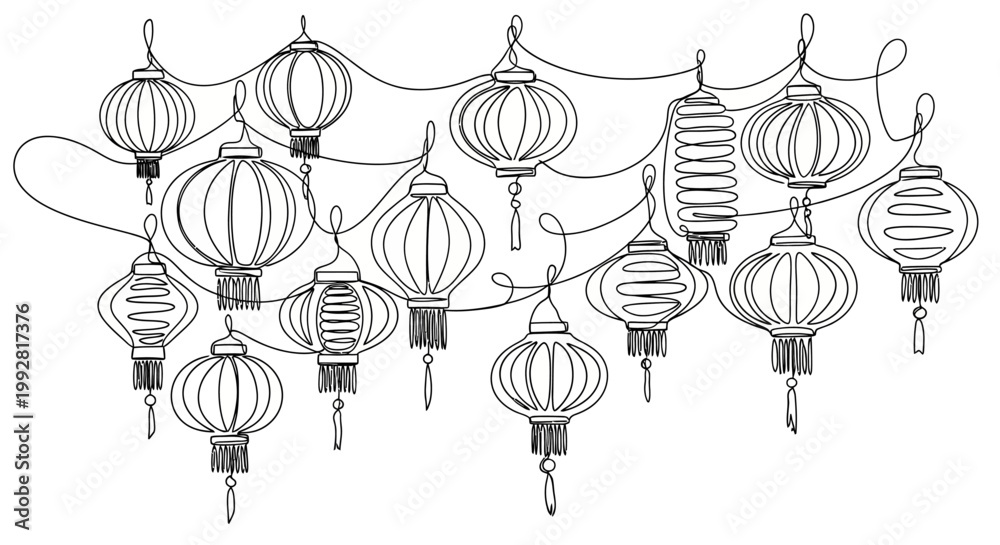 Naklejka premium Hand-drawn illustration of hanging Chinese lanterns in a string, sketch style