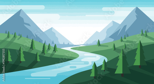 Serene Mountain Landscape with Winding River and Evergreen Trees