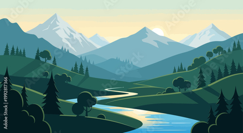Serene Mountain Landscape with Winding River at Sunrise