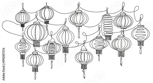 Hand-drawn illustration of hanging Chinese lanterns in a string, sketch style