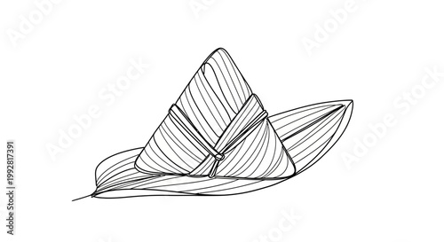 Hand-drawn Zongzi, traditional Chinese sticky rice dumplings wrapped in leaves, isolated on white