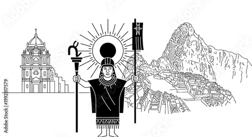 Inca Sun God Inti and Machu Picchu with Colonial Church