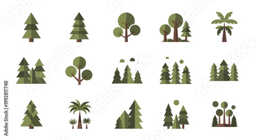 Set of Flat Design Tree Icons: Conifers, Deciduous, Palms for Nature & Forest Graphics