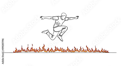 Man jumping over fire, sketch style, concept of courage, risk, overcoming challenges