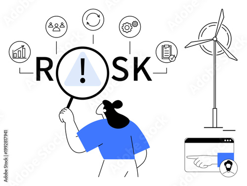 Business analysis, decision making, energy sustainability, process control, cybersecurity, caution. Person analyzing risk icons with magnifying glass. Business analysis and decision-making strategy