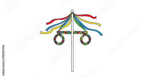 Maypole with colorful ribbons and wreaths, traditional celebration symbol