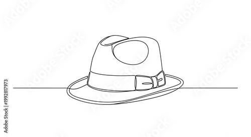 Minimalist continuous line drawing of a fedora hat on a white background
