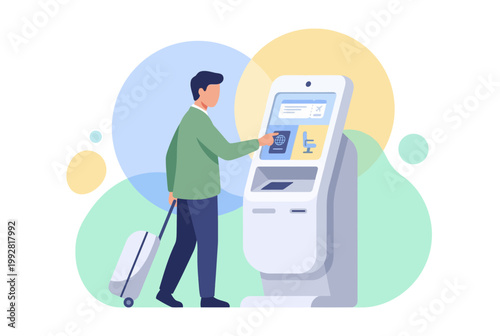 Modern Travel Self Service Kiosk Terminal with Passenger Illustration