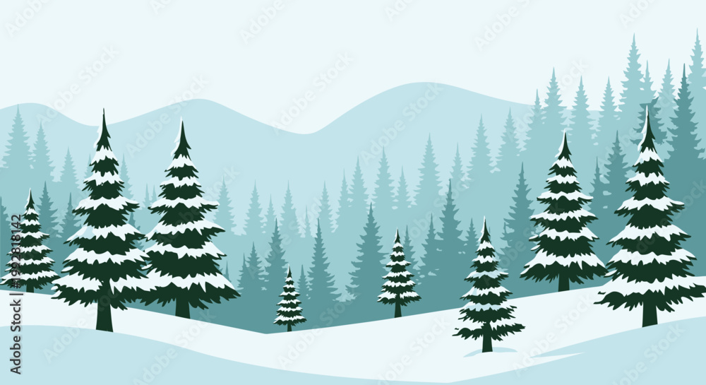 Fototapeta premium Winter forest landscape with snow-covered pine trees and mountains