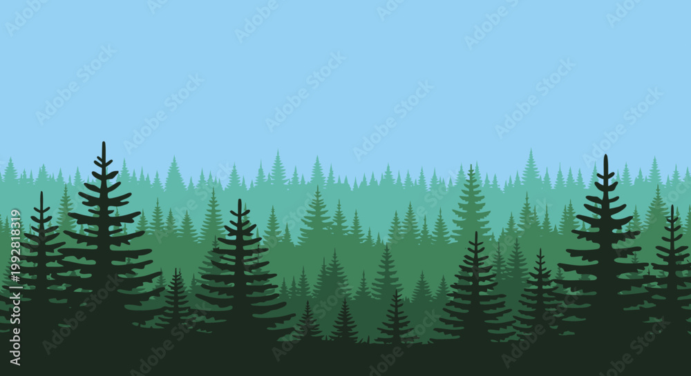 Obraz premium Vast Evergreen Forest Landscape, Pine Trees Silhouette, Nature Background