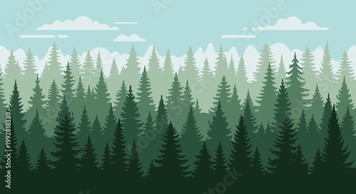 Vast Evergreen Forest Landscape with Layered Pine Trees and Cloudy Sky