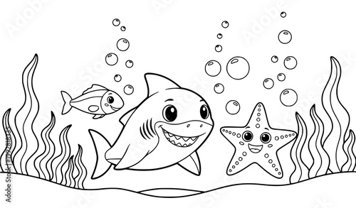 Friendly shark and starfish underwater coloring page for kids with starfish underwater coloring