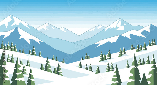 Vast Snow-Covered Mountain Range with Evergreen Trees Under a Clear Blue Sky