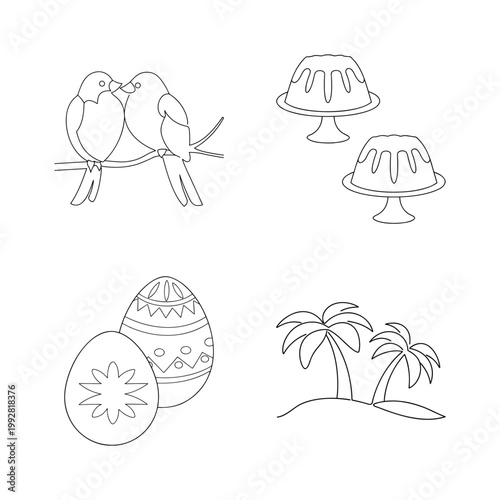 Set of eight outline vector icons for coloring, each image representing a different item.