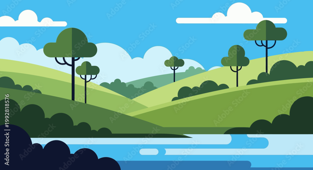 Fototapeta premium Vibrant Flat Landscape: Rolling Green Hills, Blue River, and Trees under a Cloudy Sky