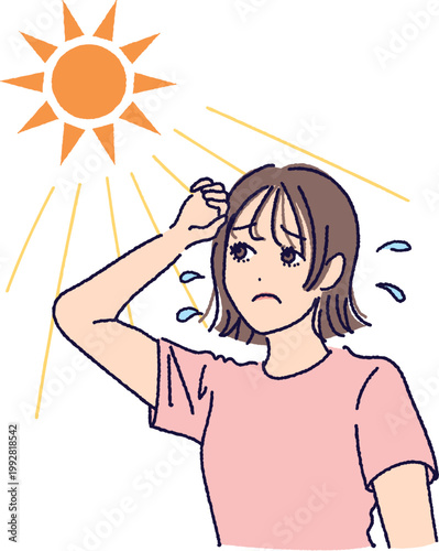 強い日差しで暑さに困る女性のイラスト（猛暑・熱中症・紫外線）