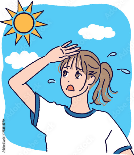 日差しが気になっている体操服姿の女子生徒（背景あり）