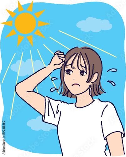 日差しを気にしている女性のイラスト（背景あり）
