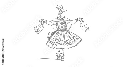 Peruvian Dancer in Traditional Costume, Line Art, Isolated on White
