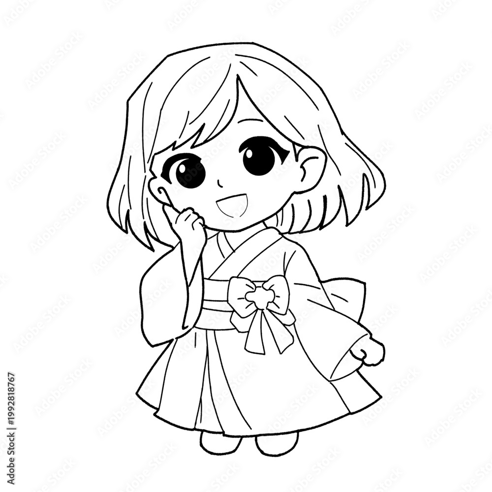Fototapeta premium chibi-kimono-girl-line-art-pose-03-holding-flowe