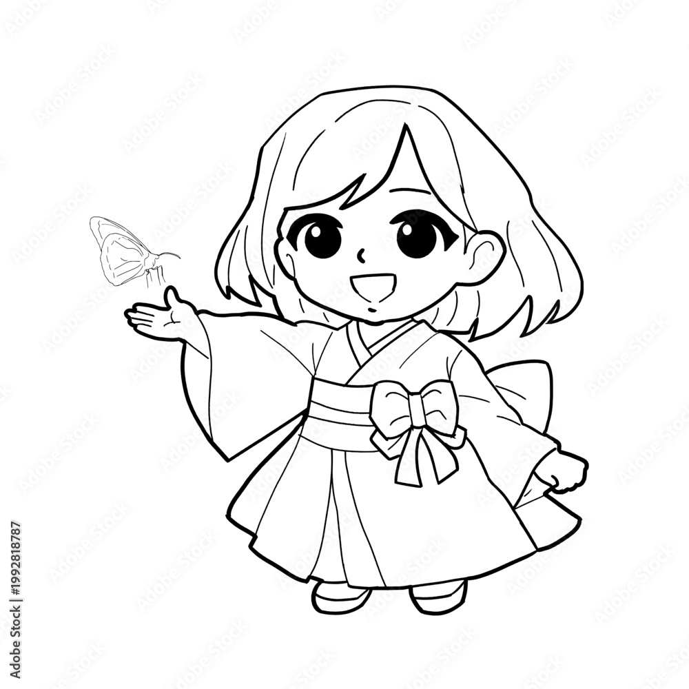 Fototapeta premium chibi-kimono-girl-line-art-pose-04-butterfly-greeting