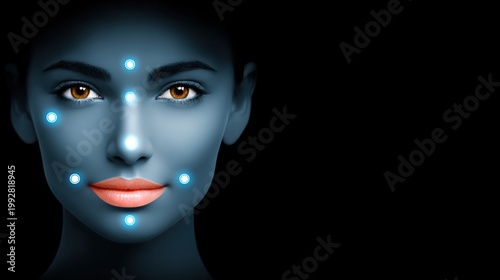 Beauty of the Future: The close-up shot presents a serene woman in an ethereal hue, her features enhanced by an array of futuristic, glowing dots.
