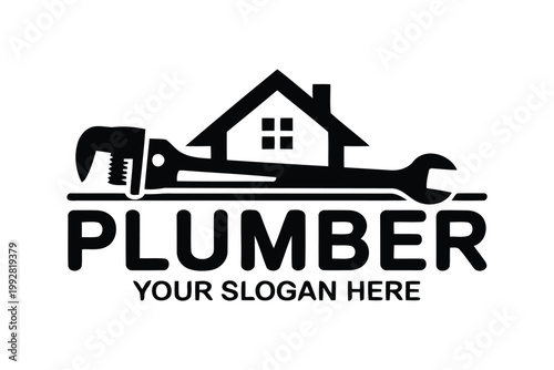 Plumber logo with house and pipe wrench on transparent background.