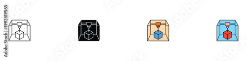 3D printer icon set. Industrial additive manufacturing and rapid prototyping symbols. Vector illustrations of laser cutting and digital fabrication for engineering and technology concept.