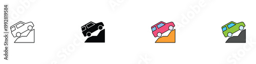 Off-road car hill climb icon set. SUV 4x4 vehicle on steep slope symbols. Vector illustrations of mountain driving and adventure travel for automotive and outdoor navigation concept.