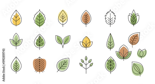 Set of stylized leaf icons, nature elements, simple line art, organic shapes, autumnal colors