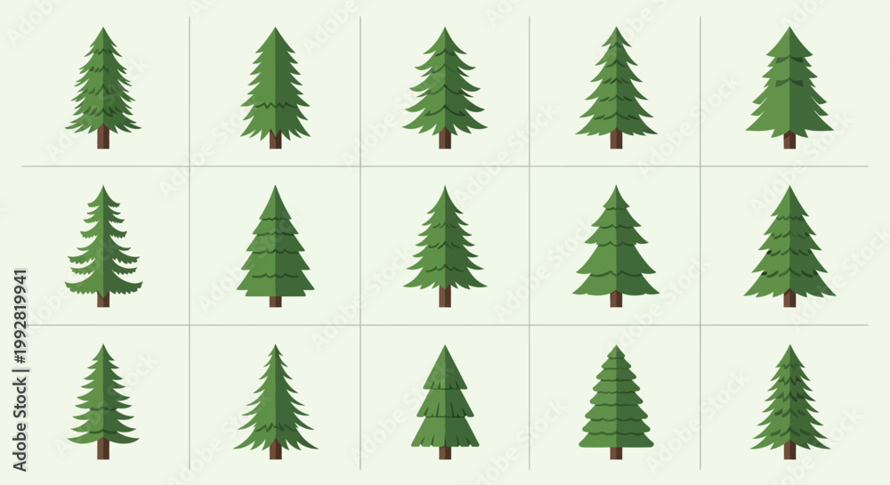 Obraz premium Collection of stylized evergreen fir trees in flat design, isolated on light background
