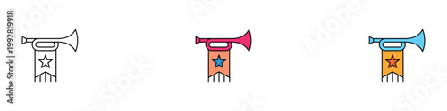 Fanfare trumpet and victory horn icon set. Royal herald with star flag and celebration symbols. Vector illustrations of announcement, achievement, and festival for ceremony and event concept.