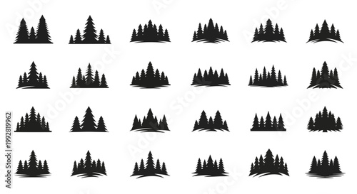 Collection of Stylized Evergreen Forest Silhouettes, Vector Graphics