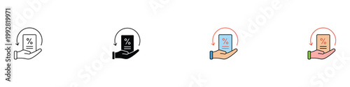 Tax refund and discount offer icon set. Hand holding percentage document symbols. Vector illustrations of cashback, savings, and financial incentive for e-commerce and banking concept.