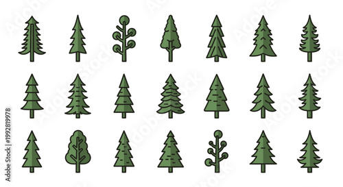 Collection of stylized green coniferous trees and plants, flat design icons