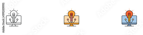 Digital content creation and graphic design icon set. Computer monitor with light bulb pencil and vector path symbols. Creative idea, online education, and software development concept.