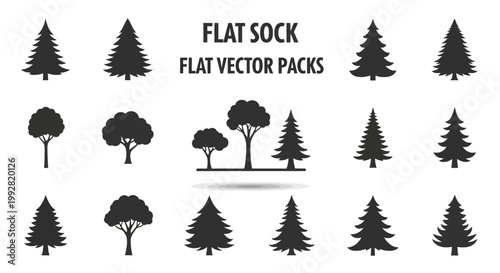 Flat Vector Tree Icons Set: Pine & Deciduous Silhouettes for Nature Design
