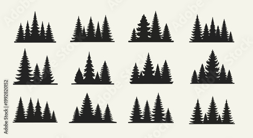 Forest Silhouette Collection: Diverse Pine Tree Groupings, Vector Graphics