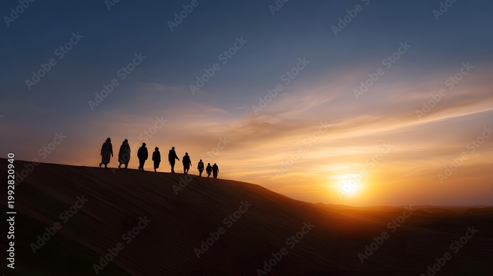 Fototapeta premium A group of friends walks across a sand dune at sunrise silhouetted against the vibrant colors of the sky
