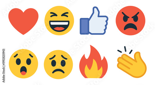 Fényképezés Social Media Reaction Icons Set, heart like laugh thumbs up angry surprised sad